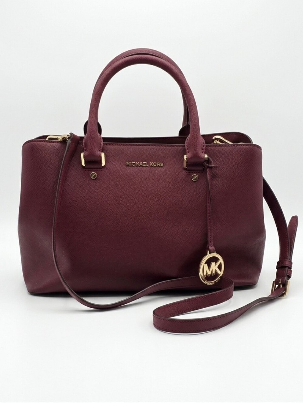 Michael Kors Savannah Medium Saffiano Leather Satchel Handbag Merlot Burgundy